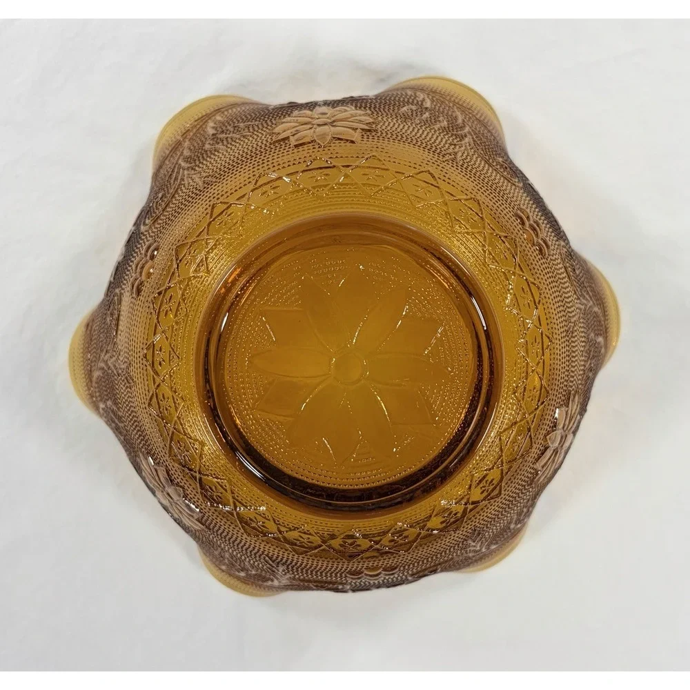 Vintage Tiara Indiana Glass Amber Sandwich Daisy Crimped Ruffled Bowl 10